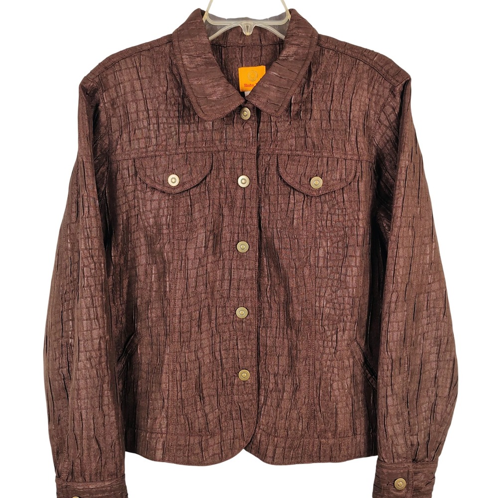 Ruby Rd Womens SZ 18 Crinkle Texture Button Front Jacket Brown Metallic Earthy